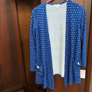 LuLaRoe Light Blue Cardigan with White Heart Print